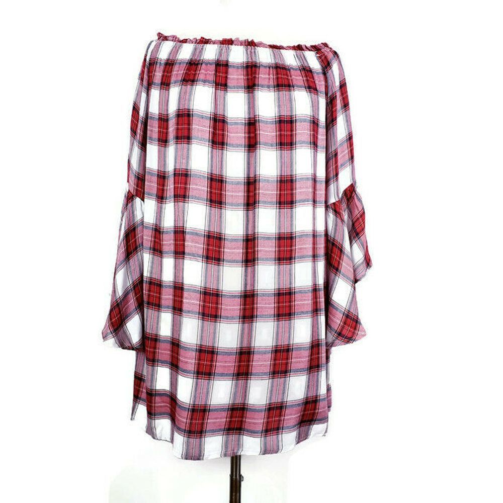 She + Sky Off the Shoulder Top Red White Plaid